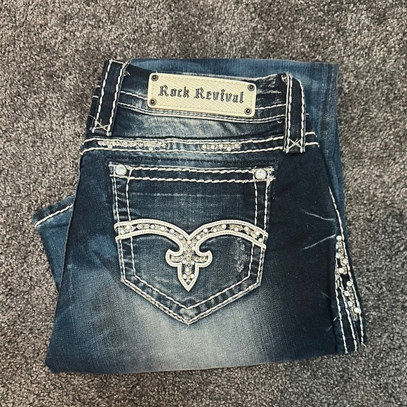 Rock Revival Blue Denim Jeans with White Stitching - Picture 1 of 3